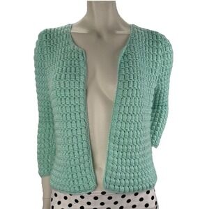 Vintage Handmade Turquoise‎ Cardigan Open Front Coastal Grandmother Vacaycore S